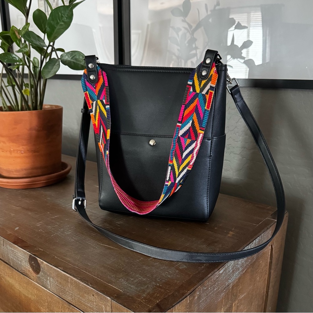 Black Leather Bag with Colorful Strap